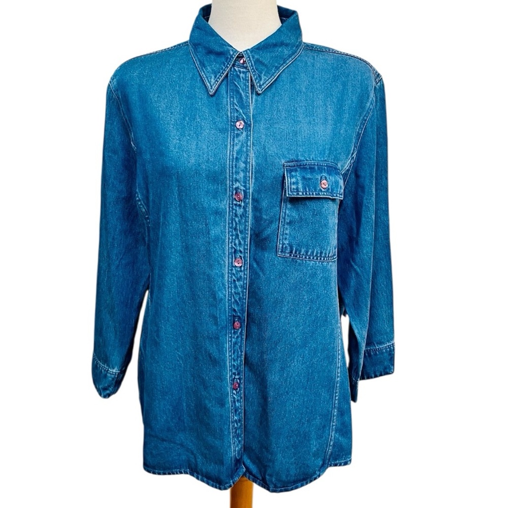 NEW Kate Hill Casual Tencel Denim Button Down Shirt with Pocket Women's Size XL